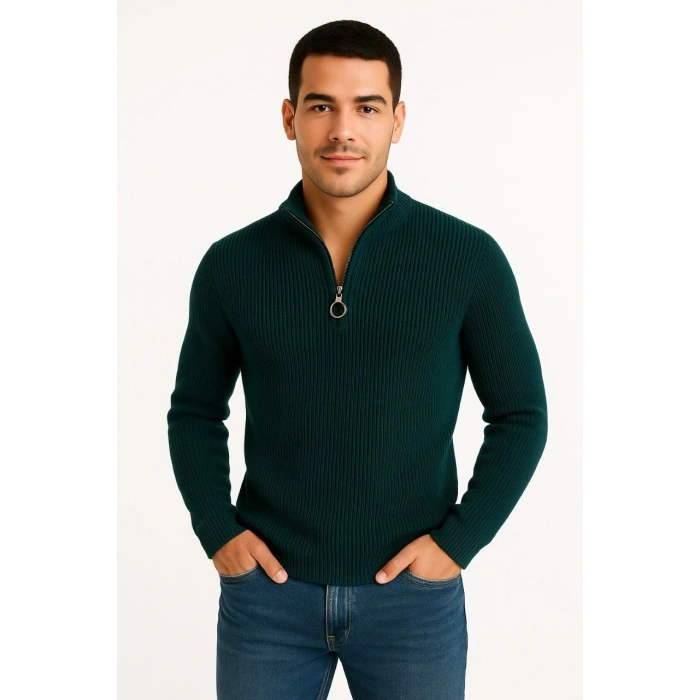 Erkek Fitilli Triko Kazak 2’li Set – Siyah & Haki Kalın Dokuma Pamuklu Regular Fit V Yaka Fermuarlı Uzun Kollu Rahat Kışlık Kazak Kombini