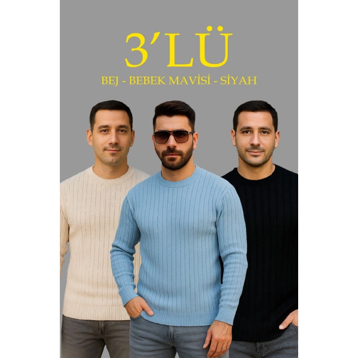 Erkek Fitilli Triko Bisiklet Yaka Kalın Kazak 3lü Set Bej-Bebek Mavisi-Siyah