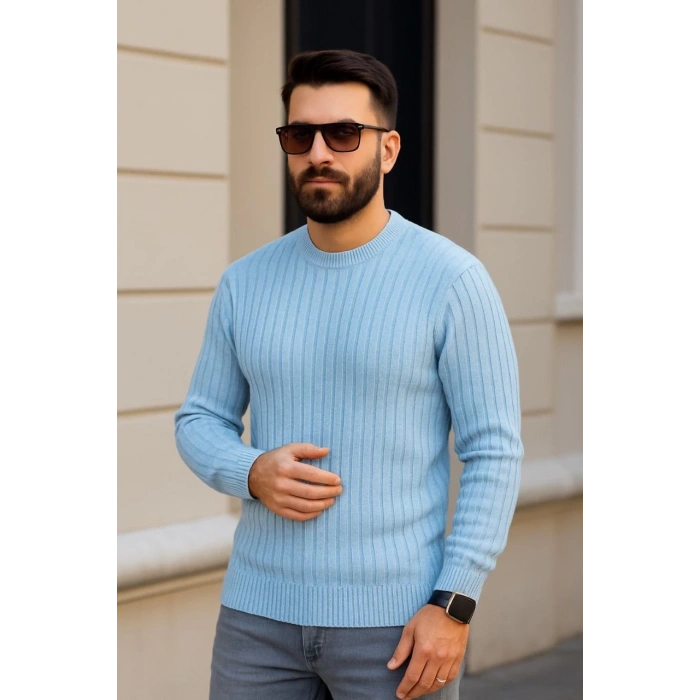 Erkek Fitilli Triko Bisiklet Yaka Kalın Kazak 3lü Set Bej-Bebek Mavisi-Siyah