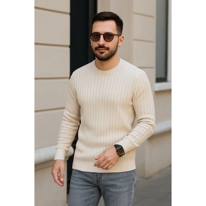 Erkek Fitilli Triko Bisiklet Yaka Kalın Kazak 3lü Set Bej-Bebek Mavisi-Siyah