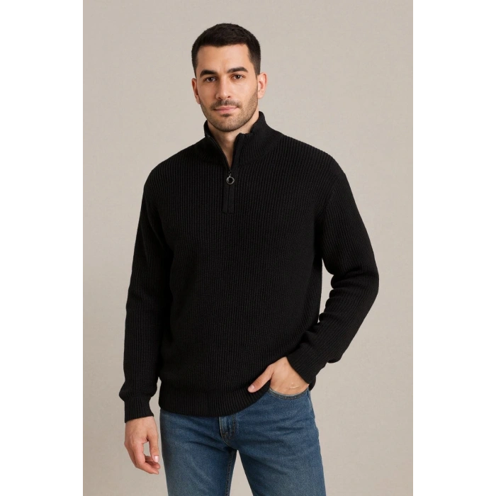 Erkek Fitilli Triko Kazak 3’lü Set – Haki, Siyah, Antrasit Kalın Dokuma Pamuklu Regular Fit V Yaka Fermuarlı Uzun Kollu Rahat Kışlık Kazak Kombini