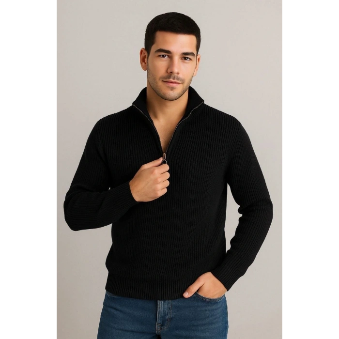 Erkek Fitilli Triko Kazak 3’lü Set – Haki, Siyah, Antrasit Kalın Dokuma Pamuklu Regular Fit V Yaka Fermuarlı Uzun Kollu Rahat Kışlık Kazak Kombini