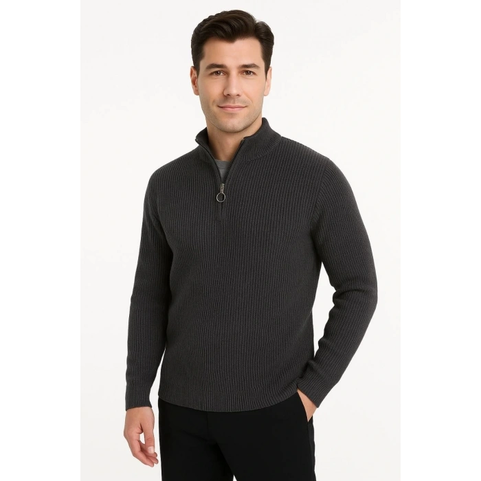 Erkek Fitilli Triko Kazak 3’lü Set – Haki, Siyah, Antrasit Kalın Dokuma Pamuklu Regular Fit V Yaka Fermuarlı Uzun Kollu Rahat Kışlık Kazak Kombini