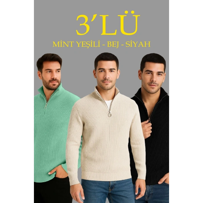 Erkek Fitilli Triko Kazak 3’lü Set Mint Yeşili Siyah Bej Kalın Dokuma Pamuklu Regular Fit