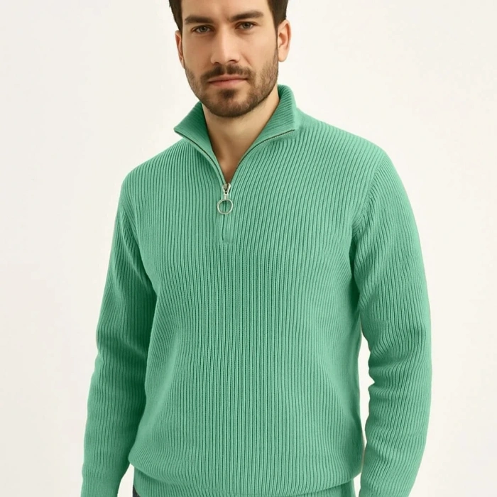 Erkek Fitilli Triko Kazak 3’lü Set Mint Yeşili Siyah Bej Kalın Dokuma Pamuklu Regular Fit