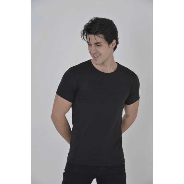 Erkek Gögüs Fileli Slim fit T-shirt - Siyah