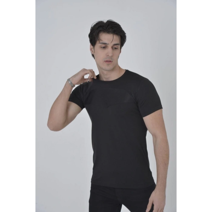 Erkek Gögüs Fileli Slim fit T-shirt - Siyah