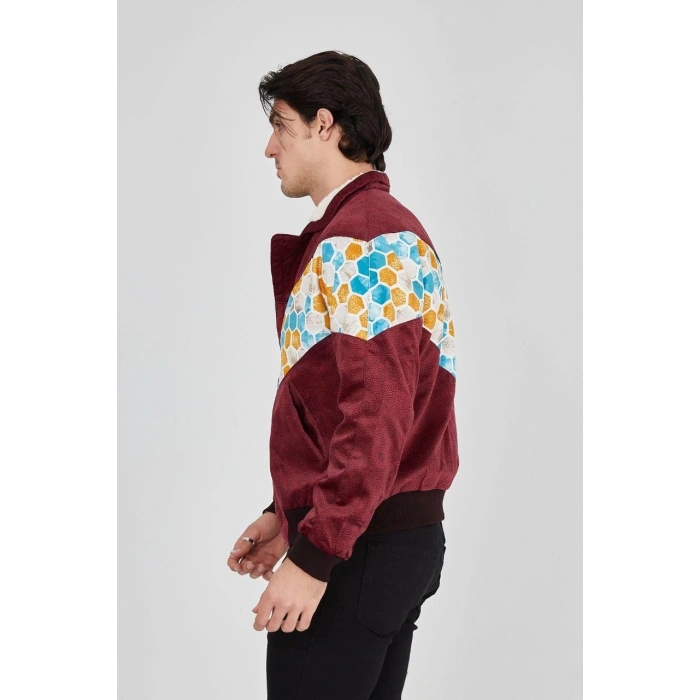 Erkek İçi Astarlı İçten Yaka Kısmı Peluşlu Beyaz Şeritli Vintage Ceket - Mürdüm