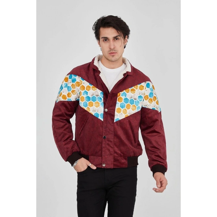 Erkek İçi Astarlı İçten Yaka Kısmı Peluşlu Beyaz Şeritli Vintage Ceket - Mürdüm