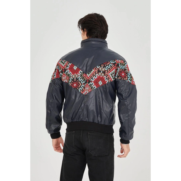 Erkek İçi Astarlı İçten Yaka Kısmı Peluşlu Suni Kumaş Vintage Ceket - Lacivert