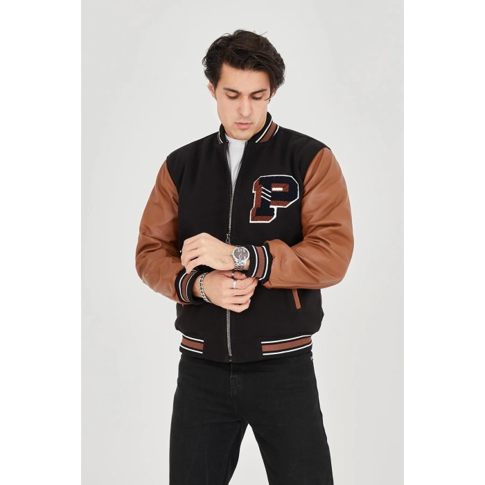 Erkek İçten Elyaf ve Astarlı Kolları Suni Deri Ceket - Kahverengi