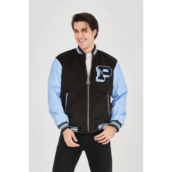 Erkek İçten Elyaf ve Astarlı Kolları Suni Deri Ceket - Mavi
