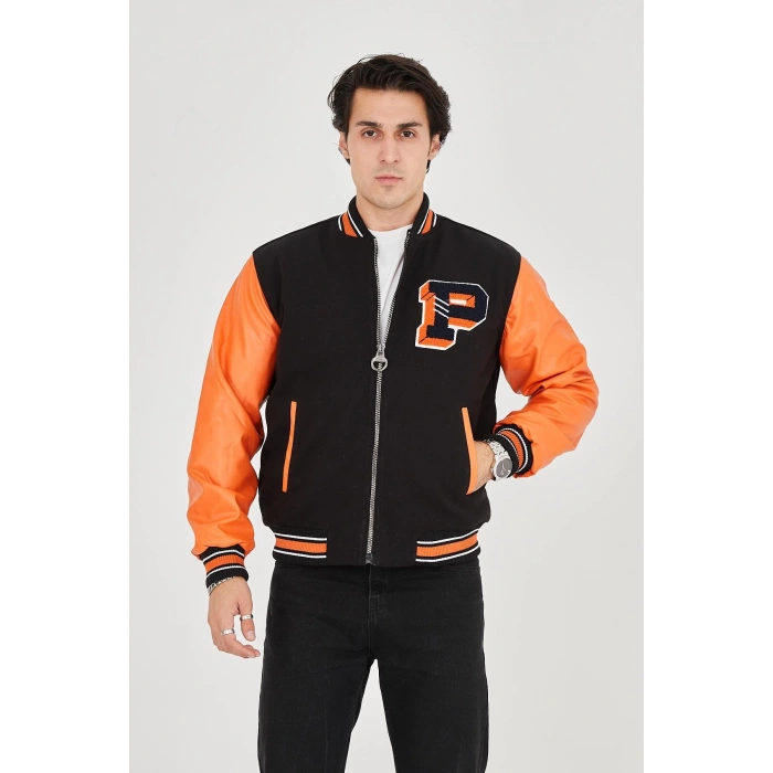 Erkek İçten Elyaf ve Astarlı Kolları Suni Deri Ceket - Turuncu