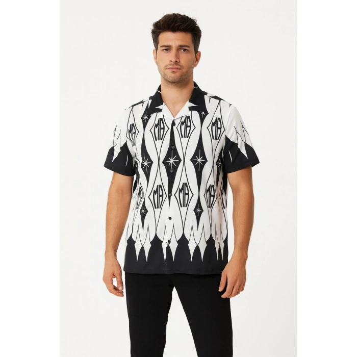 Erkek İki İplik Kumaş Dijital Baskılı Gömlek - Siyah