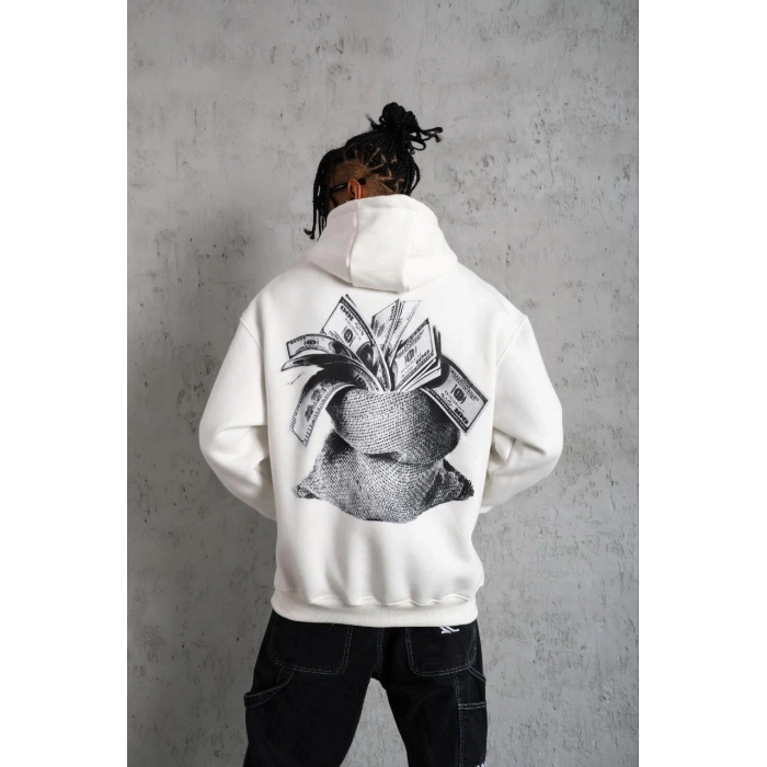 Erkek Kanguru Cep Baskılı Kapüşonlu Sweatshirt - Beyaz