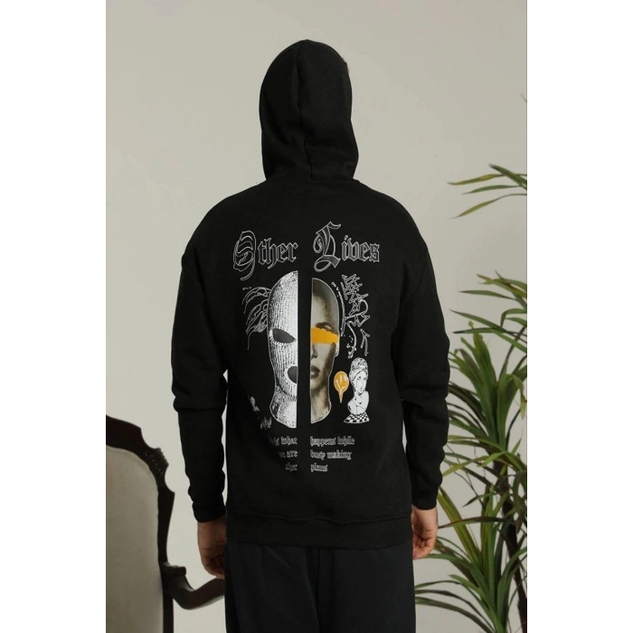 Erkek Kapşonlu Sweatshirt – Oversize Üç İplik Şardonlu Hoodie, “Other Lives” Ön & Arka Baskılı, Kanguru Cepli, Kışlık Rahat Günlük Stil - Siyah