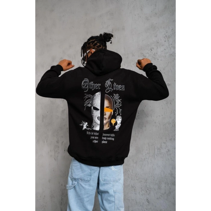Erkek Kapşonlu Sweatshirt – Oversize Üç İplik Şardonlu Hoodie, “Other Lives” Ön & Arka Baskılı, Kanguru Cepli, Kışlık Rahat Günlük Stil - Siyah