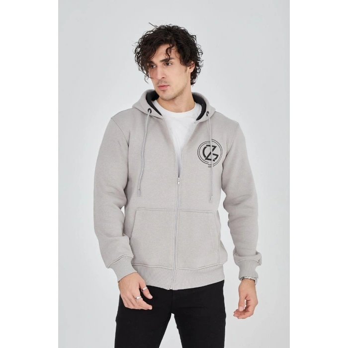 Erkek Kapüşonlu Baskılı Fermuarlı Hırka - Boyalı Gri