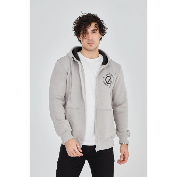 Erkek Kapüşonlu Baskılı Fermuarlı Hırka - Boyalı Gri