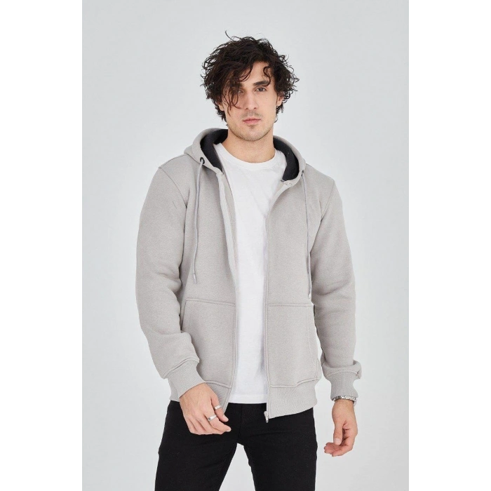 Erkek Kapüşonlu Düz Fermuarlı Hırka - Boyalı Gri