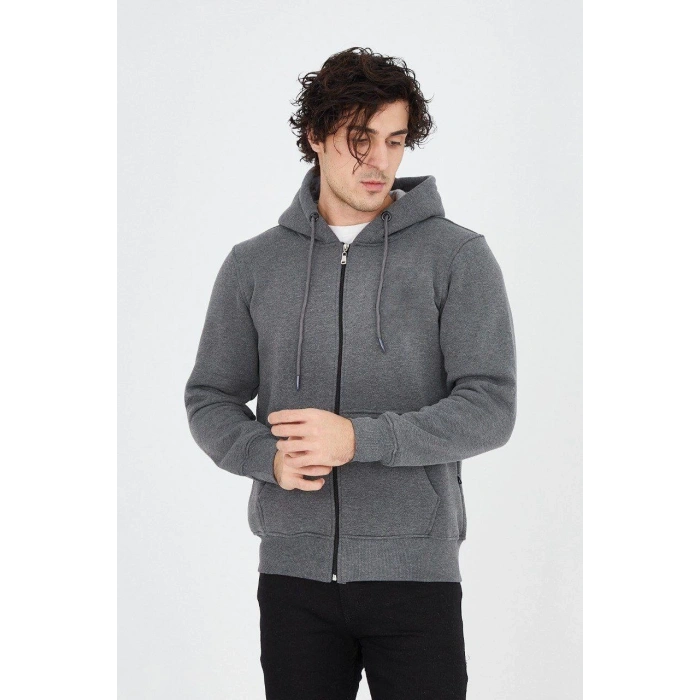 Erkek Kapüşonlu Düz Fermuarlı Hırka - Füme