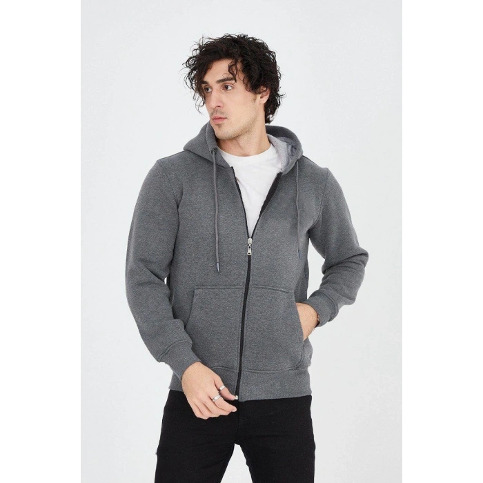 Erkek Kapüşonlu Düz Fermuarlı Hırka - Füme