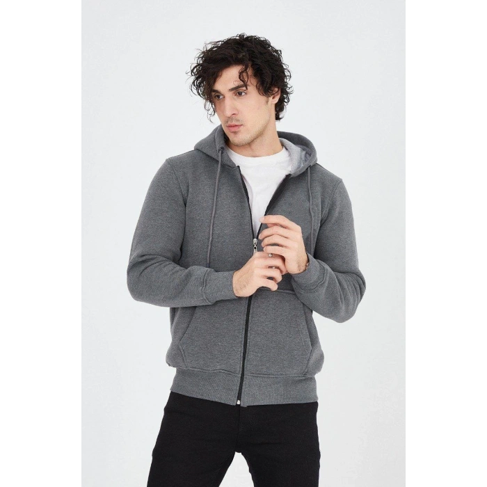 Erkek Kapüşonlu Düz Fermuarlı Hırka - Füme