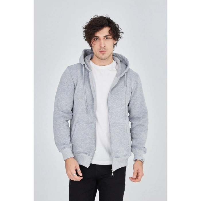 Erkek Kapüşonlu Düz Fermuarlı Hırka - Gri