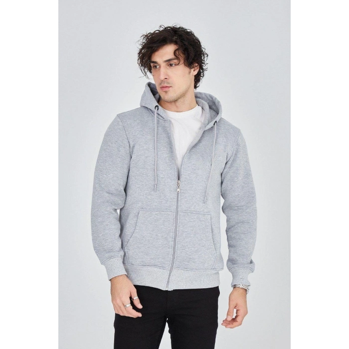 Erkek Kapüşonlu Düz Fermuarlı Hırka - Gri