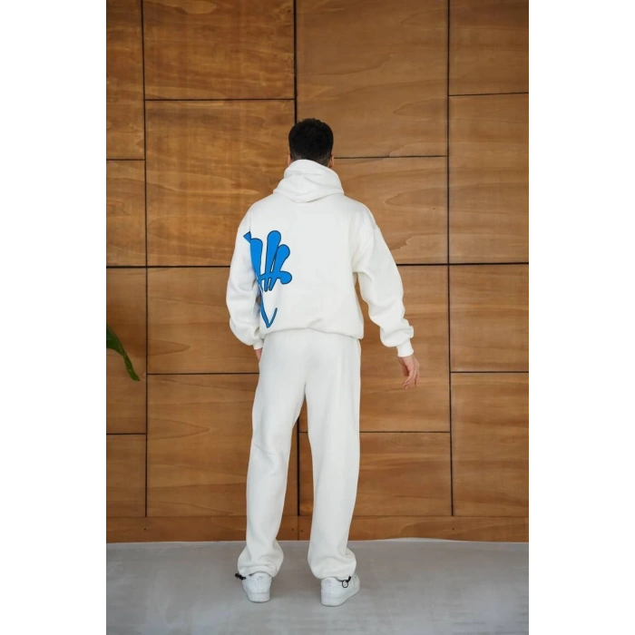 Erkek Kapüşonlu Eşofman Takım Graffiti Baskılı  Oversize Rahat Kalıp, Kanguru Cepli, Streetwear Tarzında Premium Ürün 3 iplik Pamuklu - Beyaz