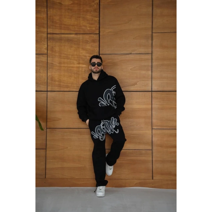 Erkek Kapüşonlu Eşofman Takım Graffiti Baskılı Oversize Rahat Kalıp, Kanguru Cepli, Streetwear Tarzında Premium Ürün 3 iplik Pamuklu - Siyah