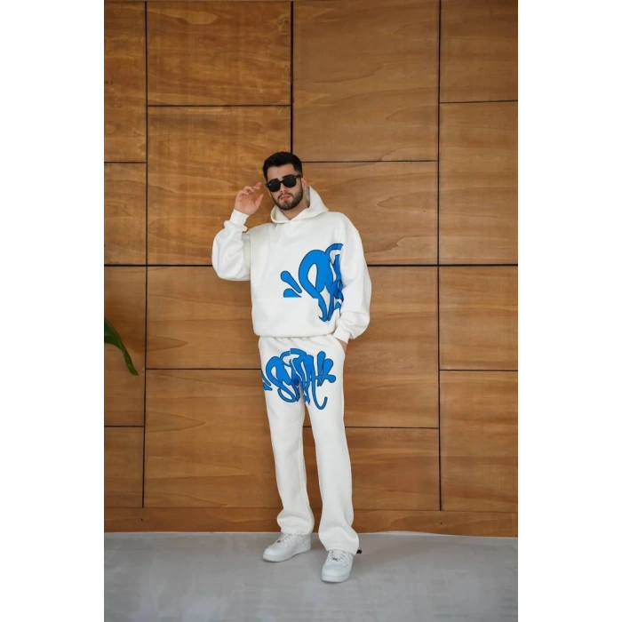 Erkek Kapüşonlu Eşofman Takım Graffiti Baskılı  Oversize Rahat Kalıp, Kanguru Cepli, Streetwear Tarzında Premium Ürün 3 iplik Pamuklu - Beyaz