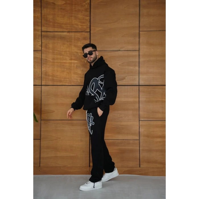 Erkek Kapüşonlu Eşofman Takım Graffiti Baskılı Oversize Rahat Kalıp, Kanguru Cepli, Streetwear Tarzında Premium Ürün 3 iplik Pamuklu - Siyah