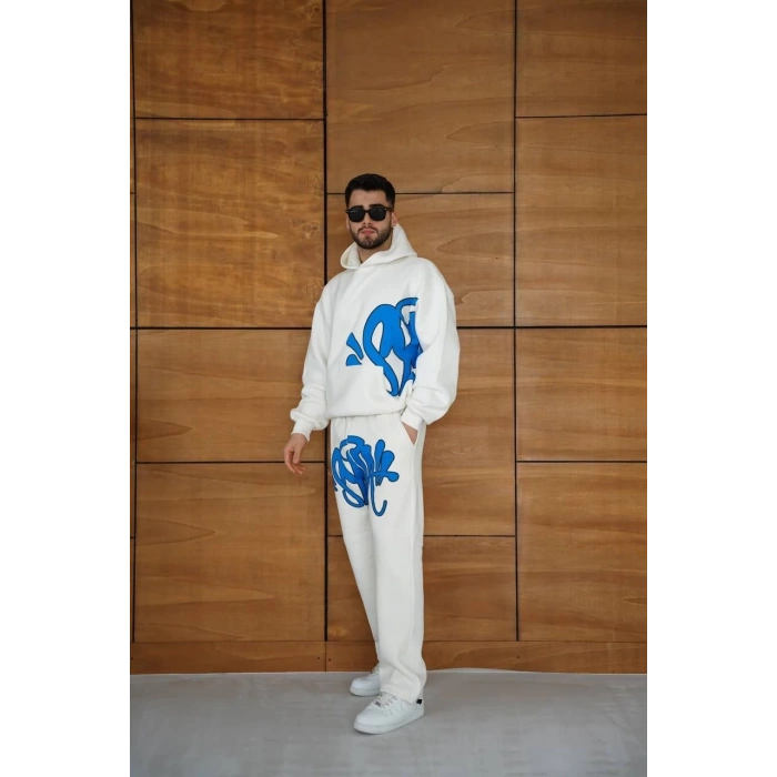 Erkek Kapüşonlu Eşofman Takım Graffiti Baskılı  Oversize Rahat Kalıp, Kanguru Cepli, Streetwear Tarzında Premium Ürün 3 iplik Pamuklu - Beyaz