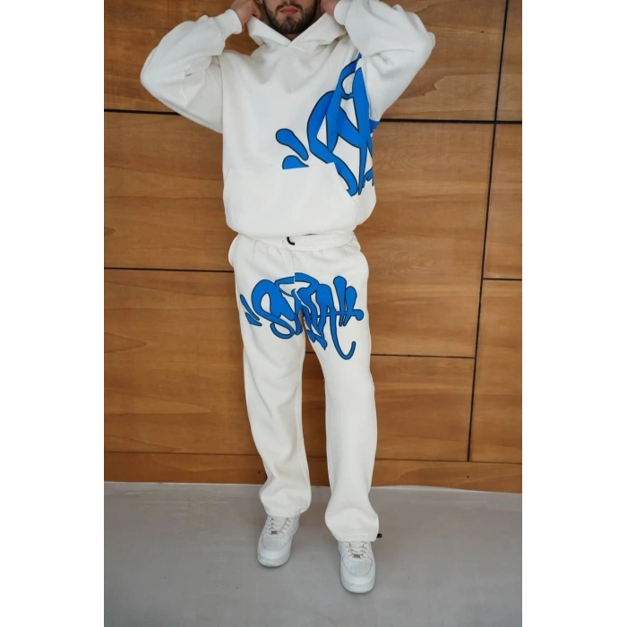 Erkek Kapüşonlu Eşofman Takım Graffiti Baskılı  Oversize Rahat Kalıp, Kanguru Cepli, Streetwear Tarzında Premium Ürün 3 iplik Pamuklu - Beyaz