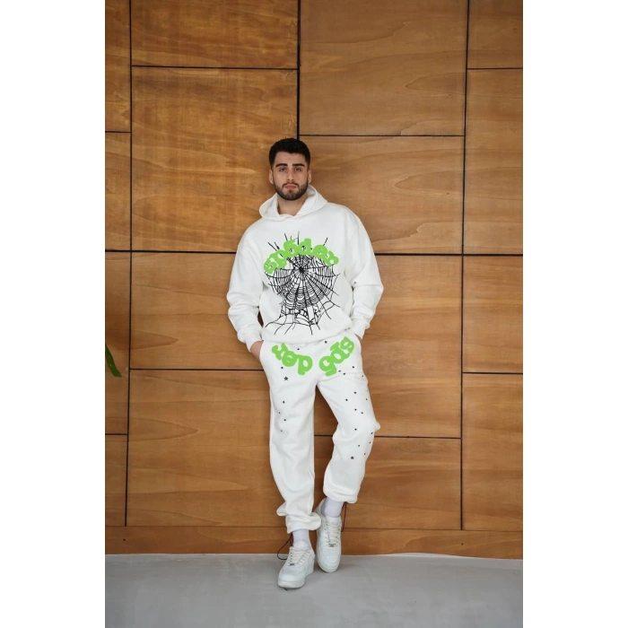 Erkek Kapüşonlu Eşofman Takım Örümcek Ağı ve Neon Yeşil Baskılı Kanguru cepli Oversize Rahat Kalıp, Premium Üç İplik Kumaş - Beyaz