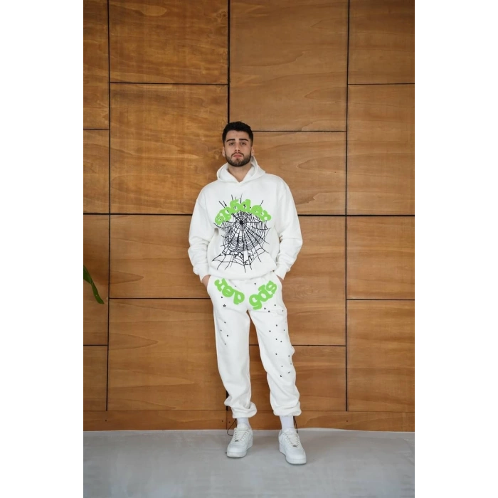 Erkek Kapüşonlu Eşofman Takım Örümcek Ağı ve Neon Yeşil Baskılı Kanguru cepli Oversize Rahat Kalıp, Premium Üç İplik Kumaş - Beyaz