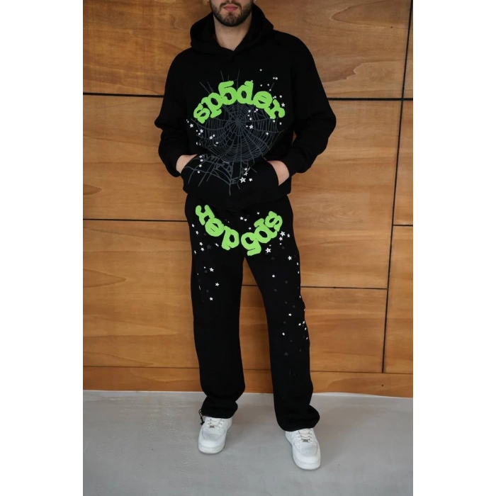 Erkek Kapüşonlu Eşofman Takım Örümcek Ağı ve Neon Yeşil Baskılı Kanguru cepli Oversize Rahat Kalıp, Premium Üç İplik Kumaş - Siyah