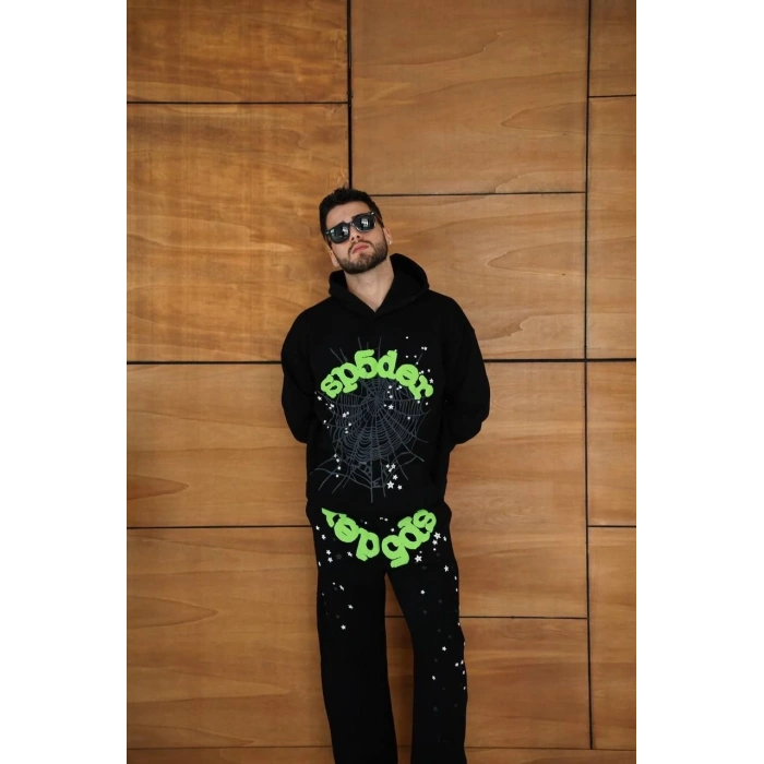 Erkek Kapüşonlu Eşofman Takım Örümcek Ağı ve Neon Yeşil Baskılı Kanguru cepli Oversize Rahat Kalıp, Premium Üç İplik Kumaş - Siyah