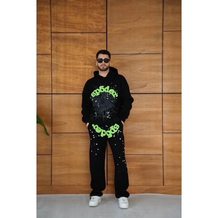 Erkek Kapüşonlu Eşofman Takım Örümcek Ağı ve Neon Yeşil Baskılı Kanguru cepli Oversize Rahat Kalıp, Premium Üç İplik Kumaş - Siyah