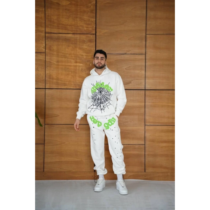 Erkek Kapüşonlu Eşofman Takım Örümcek Ağı ve Neon Yeşil Baskılı Kanguru cepli Oversize Rahat Kalıp, Premium Üç İplik Kumaş - Beyaz