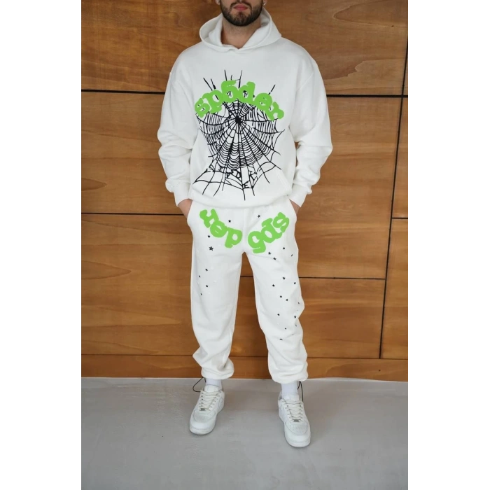 Erkek Kapüşonlu Eşofman Takım Örümcek Ağı ve Neon Yeşil Baskılı Kanguru cepli Oversize Rahat Kalıp, Premium Üç İplik Kumaş - Beyaz