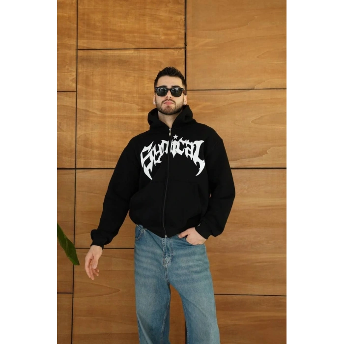 Erkek Kapüşonlu 3 İplik Şardonlu Önü Baskılı Fermuarlı Oversize Sweatshirt - Siyah