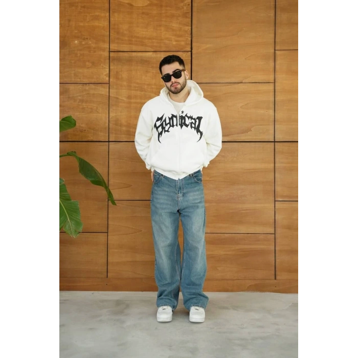 Erkek Kapüşonlu 3 İplik Şardonlu Önü Baskılı Fermuarlı Oversize Sweatshirt - Beyaz