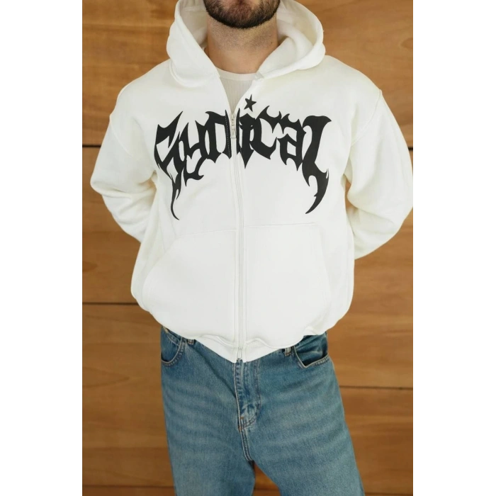 Erkek Kapüşonlu 3 İplik Şardonlu Önü Baskılı Fermuarlı Oversize Sweatshirt - Beyaz