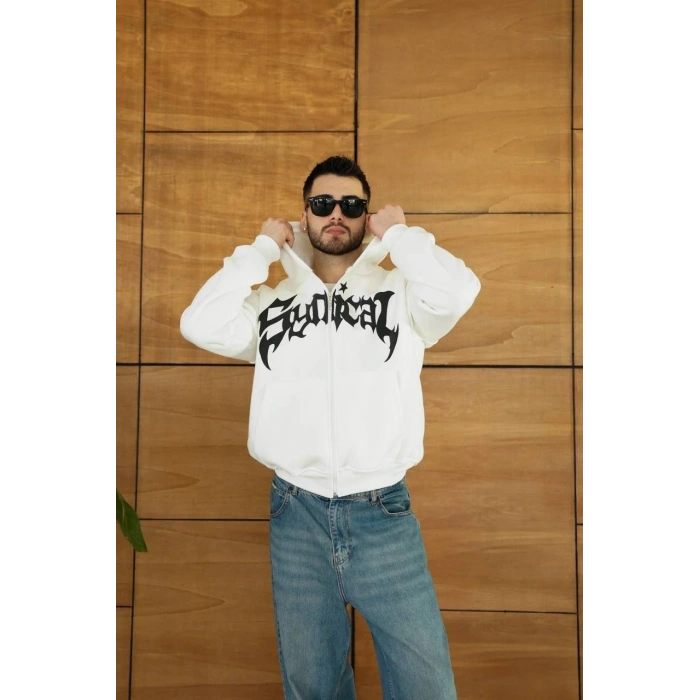 Erkek Kapüşonlu 3 İplik Şardonlu Önü Baskılı Fermuarlı Oversize Sweatshirt - Beyaz