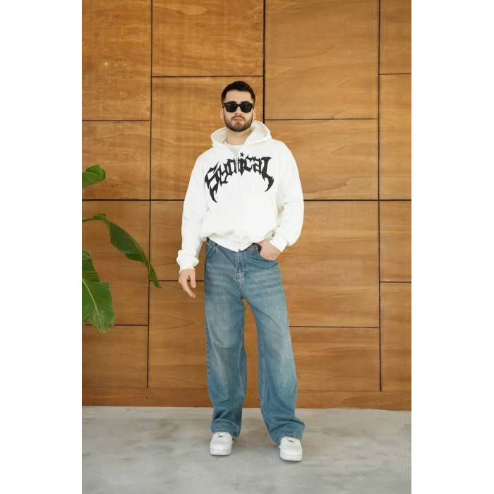 Erkek Kapüşonlu 3 İplik Şardonlu Önü Baskılı Fermuarlı Oversize Sweatshirt - Beyaz