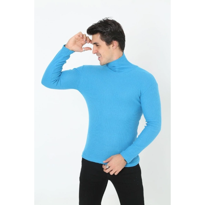 Erkek Kaşkorse Boğazlı Full Likralı Fitilli Body Kazak - Bebek Mavisi