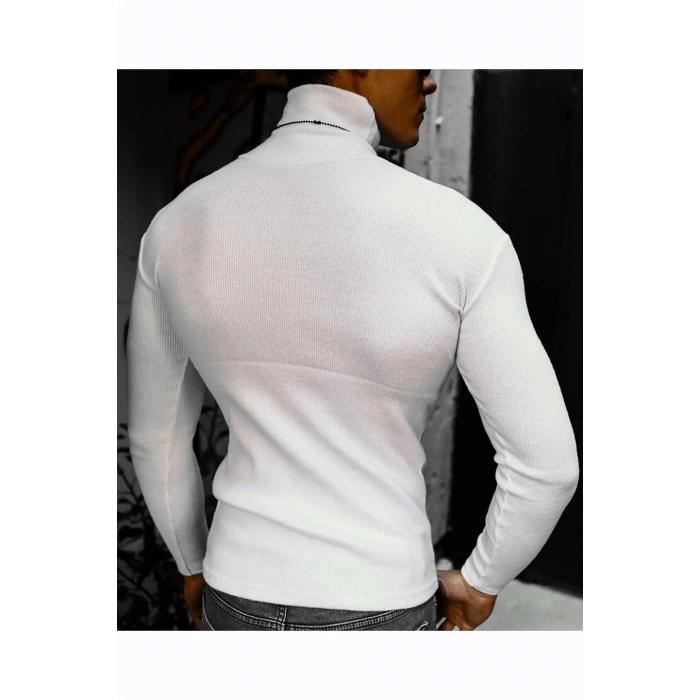 Erkek Kaşkorse Boğazlı Full Likralı Fitilli Body Kazak - Beyaz