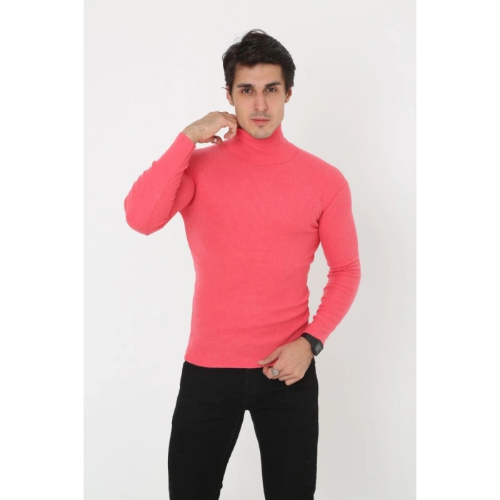 Erkek Kaşkorse Boğazlı Full Likralı Fitilli Body Kazak - Pembe